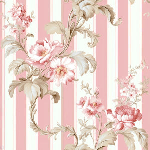 Vintage Pink Stripe Floral Wallpaper
