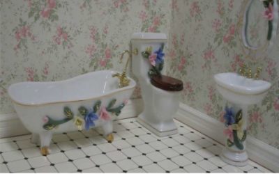 4 Piece Ceramic Bathroom Set White With Flowers