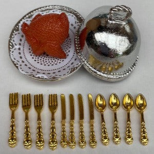 Roast Chicken, Cloche And Gold Cutlery Set